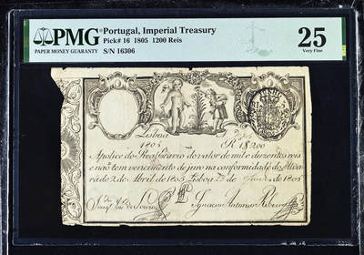 【Blue Auction】世界纸币精拍第762期——18级TOP拍卖/信誉/品质/专业/高效💫 - 【葡国最早的纸币之一 文物级别  克劳斯目录无法定价只有横线 唯一冠军分 仅2个记录存世极罕见 无47 两张一套】葡萄牙帝国 若昂六世时期 1805年1200瑞斯实钞 两个小孩浇花 带刚戳水印及盾徽 PMG25 非常值得收藏有意义的一张早期纸币（葡萄牙首张纸币于1797年发行）