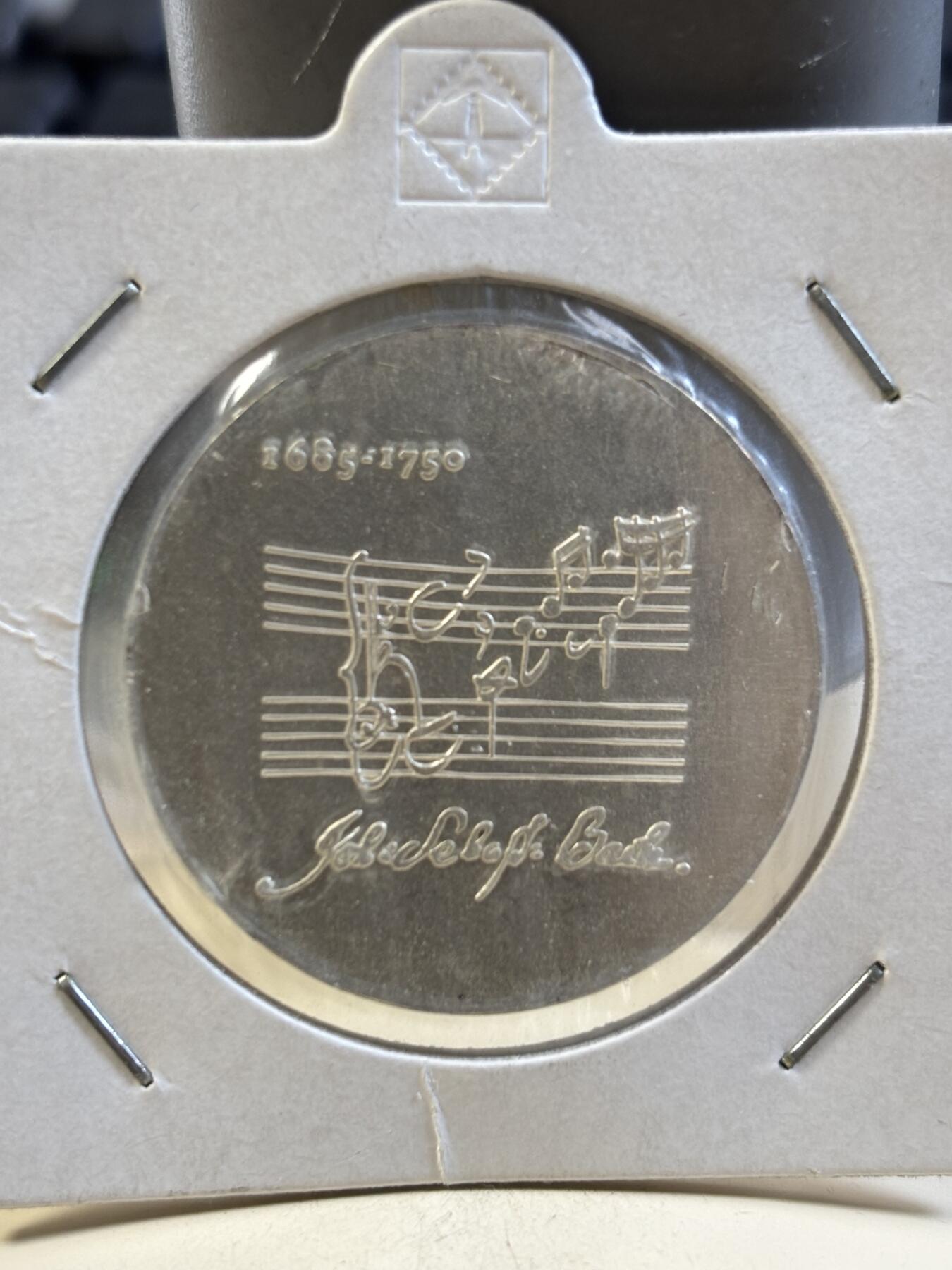 第185期拍卖 德国东德1975年音乐家巴赫逝世20马克普制纪念银币.625银，20.9克，直径33毫米，发行100000枚