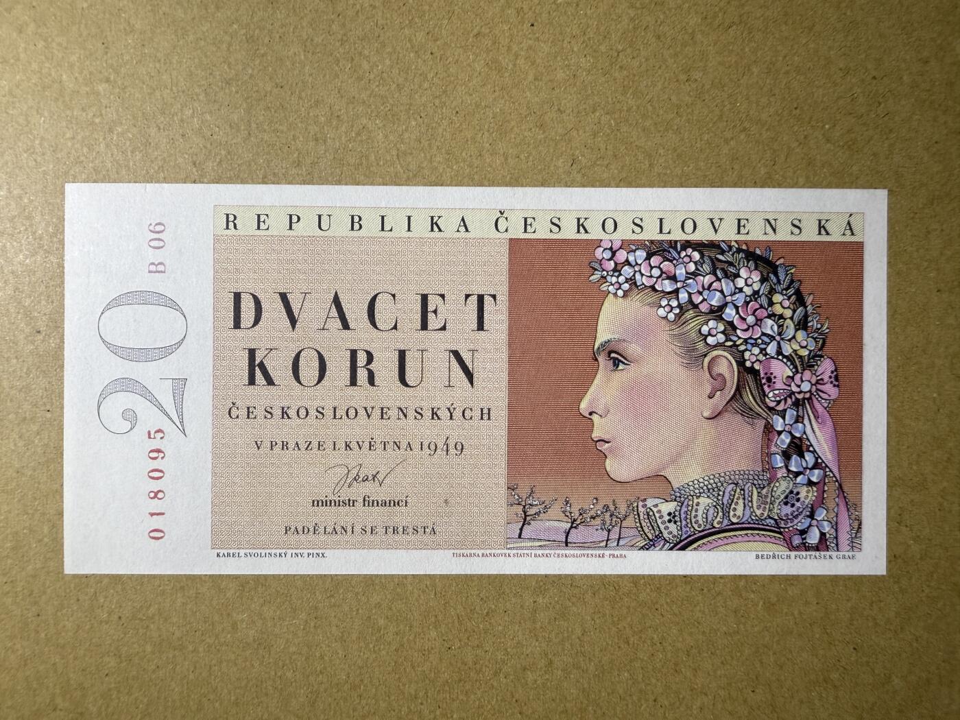 《艾美收藏》第224期-12.14周日外币超白金场 捷克斯洛伐克20克朗 UNC 1949年 花环少女 有处出厂自带小杂质 实钞无针孔 无47