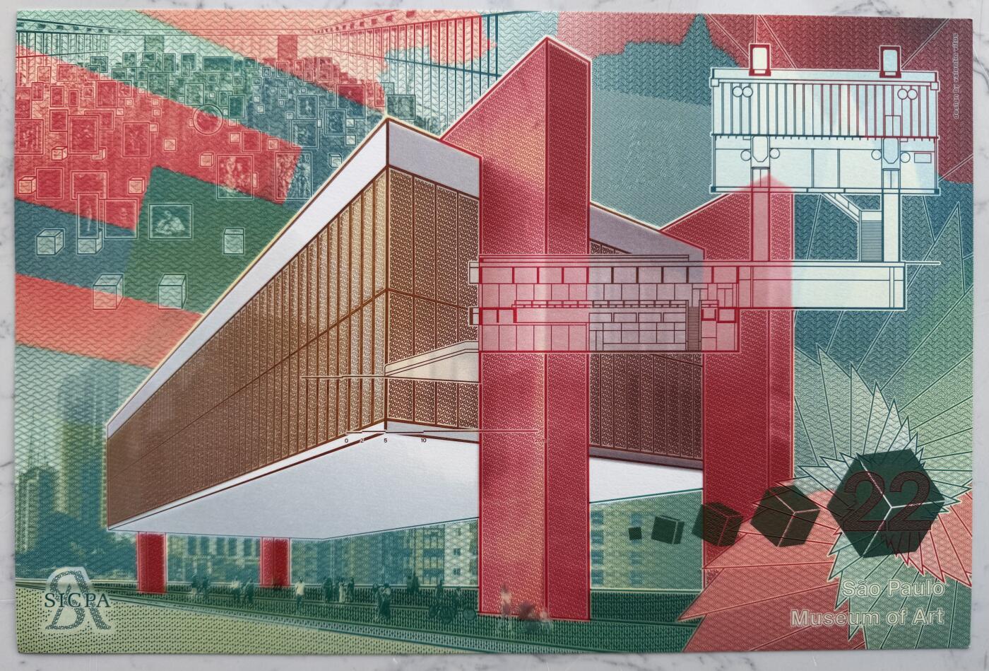 2025第27场（总第227期）：精品连体纪念券专场 瑞士SICPA 2022年“圣保罗艺术博物馆”超大尺寸单面深凹雕刻版新年贺卡册装UNC