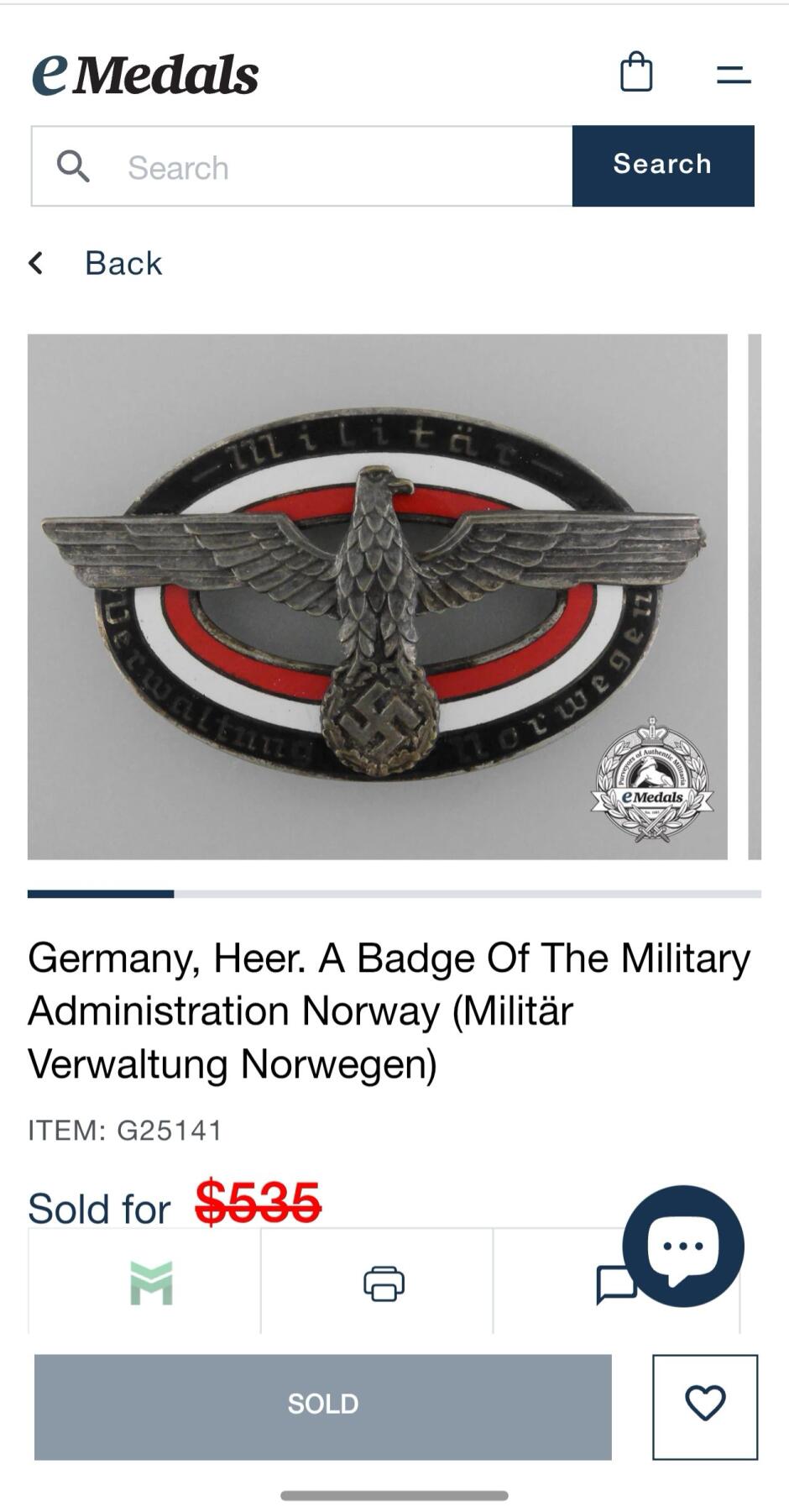 盛世勋华——号角文化勋章邮票专场拍卖第293期 德国（1939）陆军挪威军事管理机构证章 带编号 极为少见 eMedals售价535美元参见图三