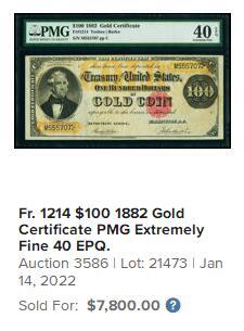 【Blue Auction】世界纸币精拍第762期——18级TOP拍卖/信誉/品质/专业/高效💫 【评级量远少于1922版 老壳原票状态佳值得收藏】美国 1882年100美元黄金券 纹饰精美 PMG40EPQ备受欢迎的品种 当时可兑换5枚双鹰金币 回收较彻底（22年同分同fr的同款纸币拍了7800美金）正面人物本顿（1782-1858年），美国政治领袖。在1812年战争期间，他是安德鲁·杰克逊将军麾下的一名上校。他曾因反对使用纸币和主张使用硬币，被称为“老金条先生”。