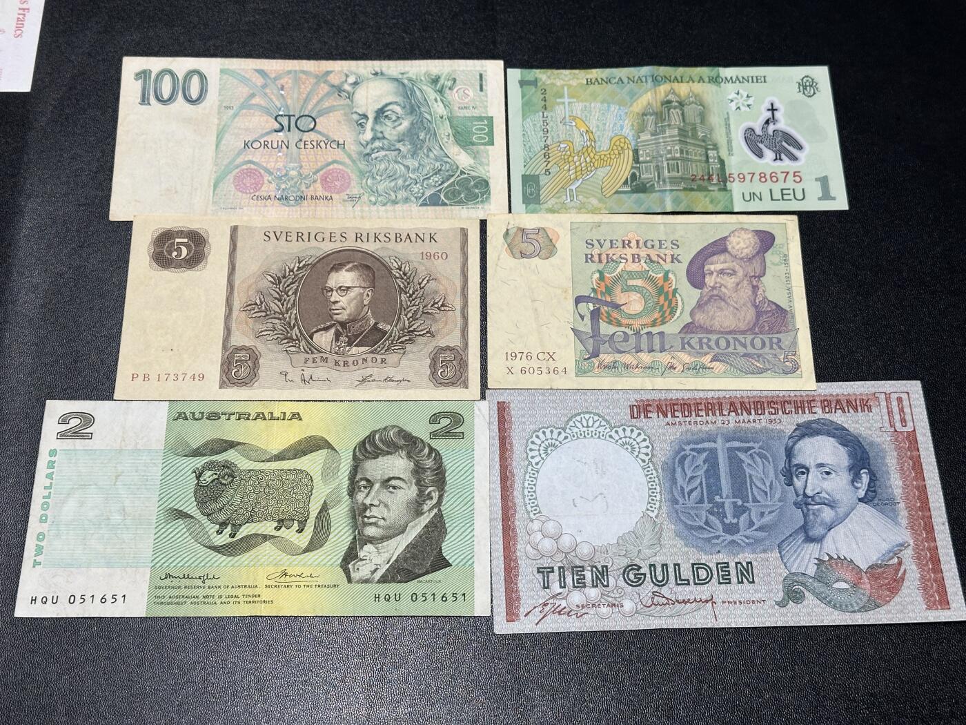 《外钞收藏家》第五百九十三期（精品场）（本平台长期征集拍品、欢迎藏友们联系合作） 捷克、罗马尼亚、瑞典、澳大利亚、荷兰 六张一起 非全新 品相如图