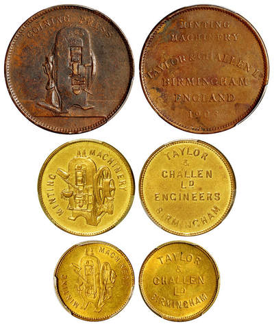 华艺国际2025年秋季拍卖会 钱币专场 - 1903年英国伯明翰退辣车伦制造厂（Taylor & Challen Ltd.）二十文型、十文型、五文型黄铜质广告章各一枚/分别为PCGS XF Detail/97、MS62、MS64