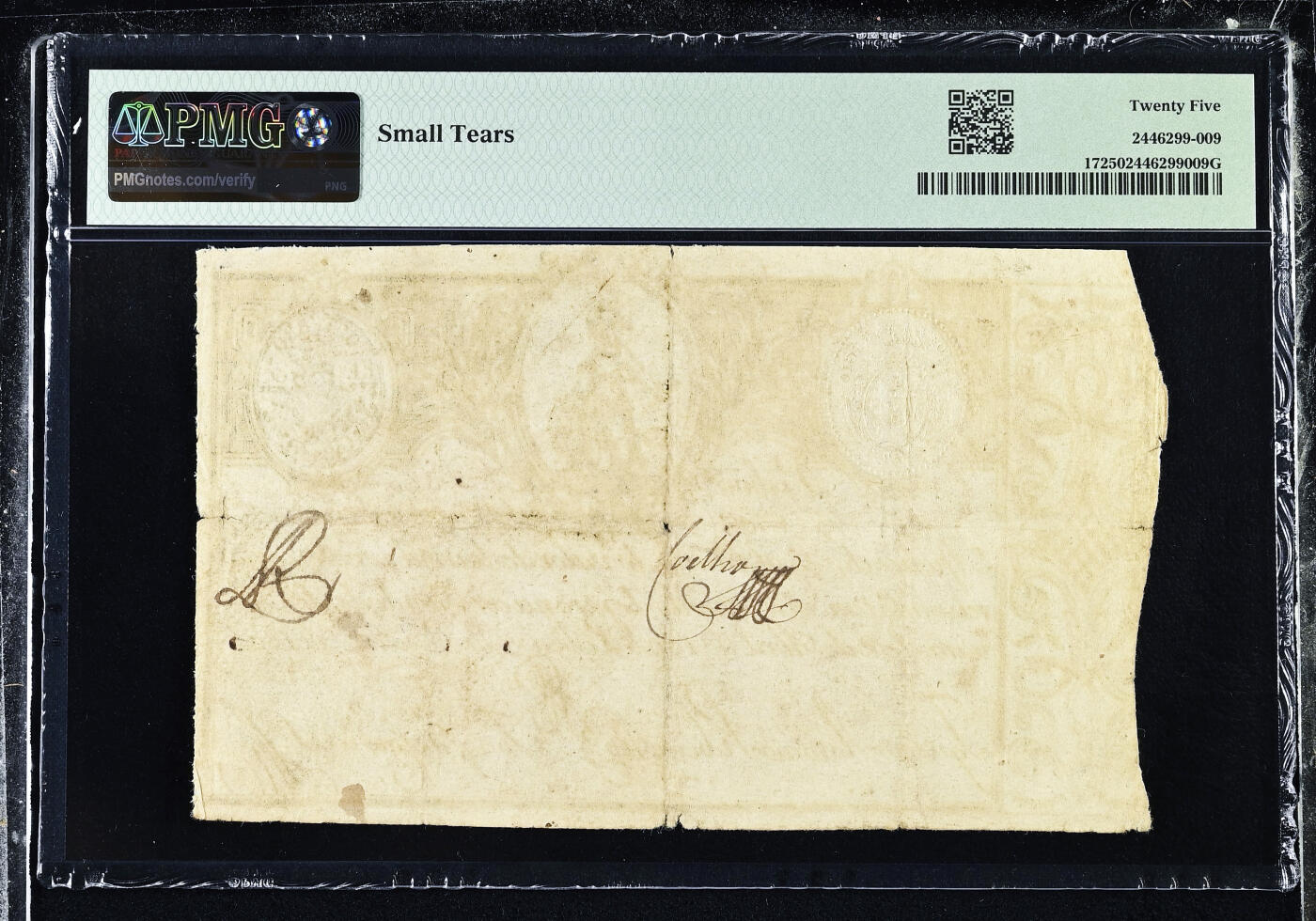 【Blue Auction】世界纸币精拍第762期——18级TOP拍卖/信誉/品质/专业/高效💫  【葡国最早的纸币之一 文物级别 克劳斯目录无法定价只有横线 仅1张更高分30 仅2个记录存世极罕见 无47 两张一套】葡萄牙帝国 若昂六世时期 1805年2400瑞斯实钞 头戴头盔的年轻战士和雄狮 带刚戳水印及盾徽 PMG25 非常值得收藏有意义的一张早期纸币（葡萄牙首张纸币于1797年发行）