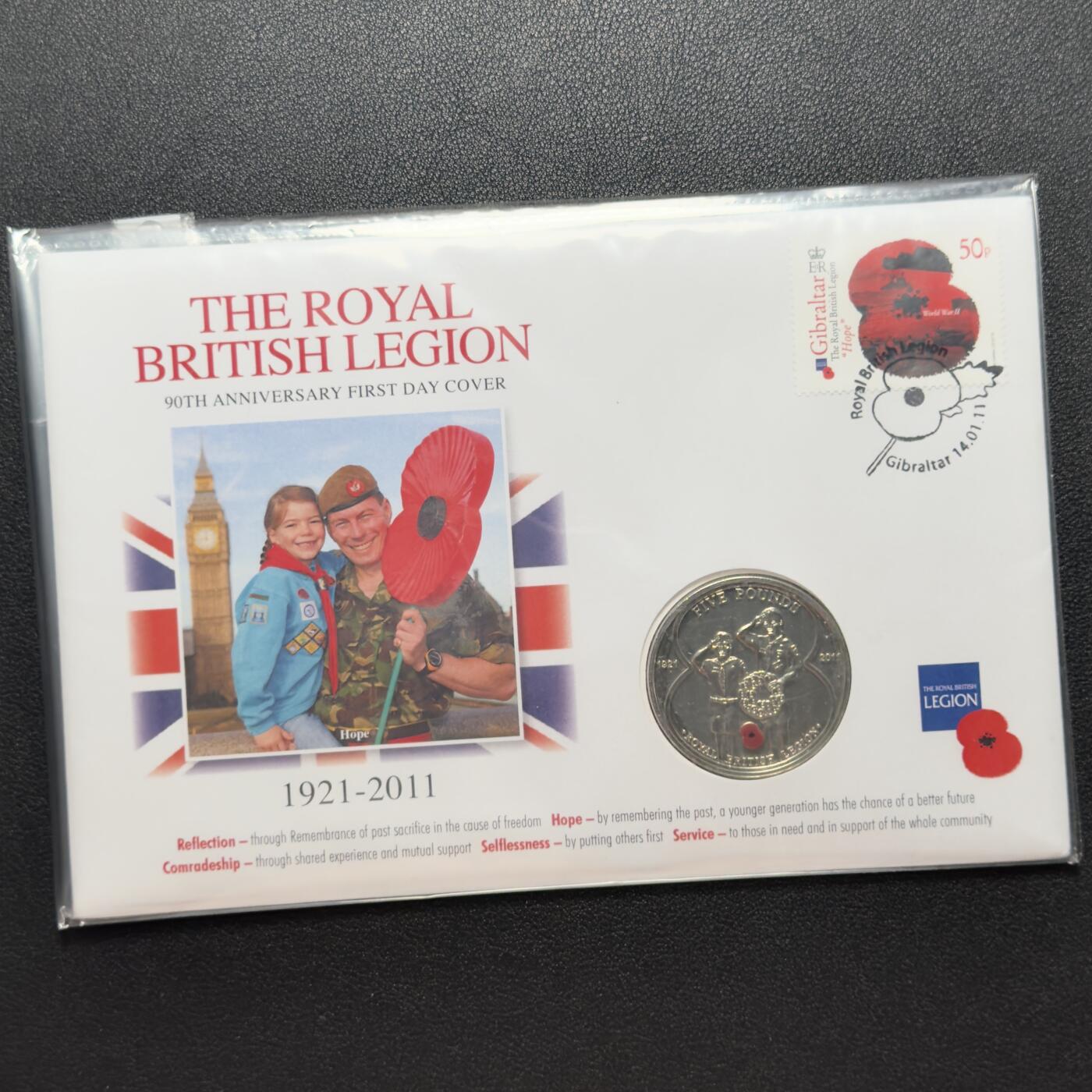 ＜小葵钱铺＞第67期·克朗币·银币场·满200包邮，不寄存·12月15日发货 〈邮币封〉泽西岛2011年皇家军人退伍协会成立90周年·希望5镑克朗型彩色纪念币