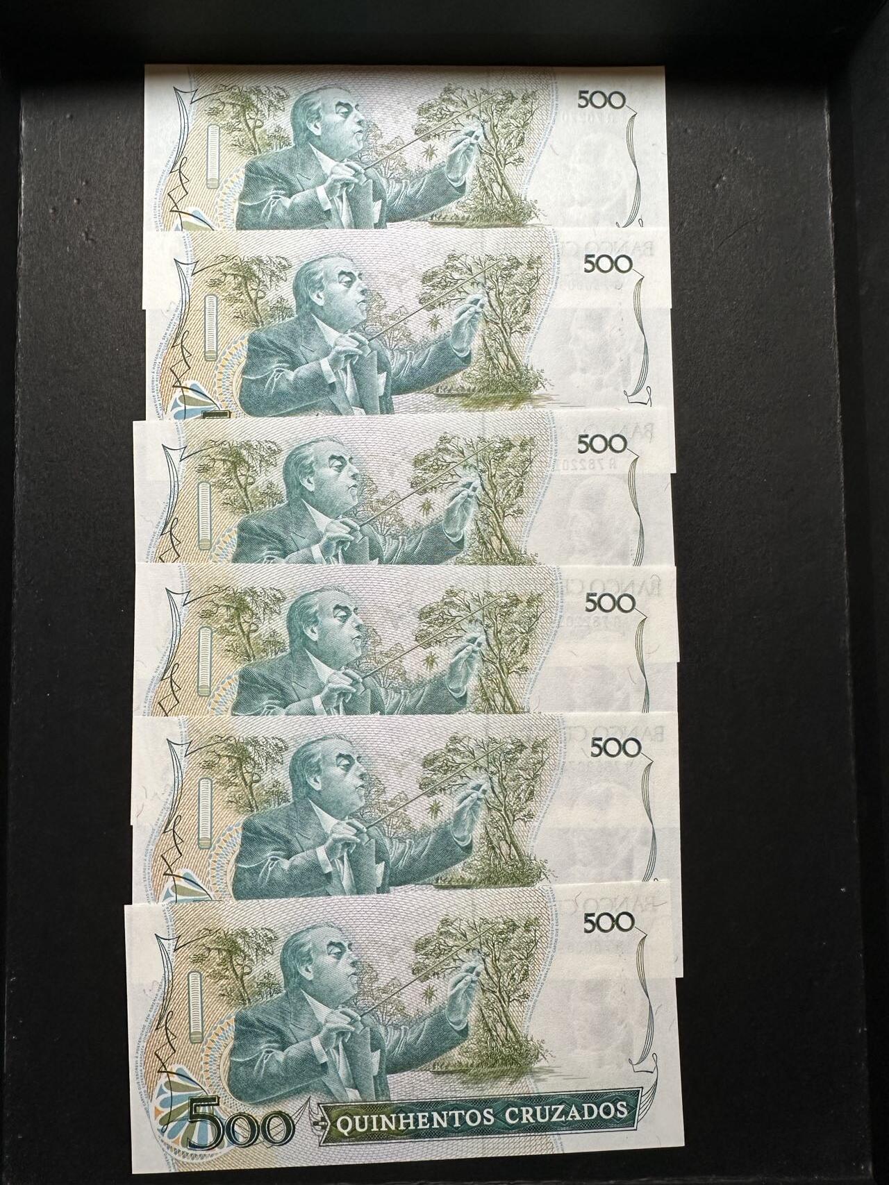 蒂克钱币-第51场 外国平价纸币最后一场 巴西 80年代 音乐家罗伯斯  500克鲁多纸币 6枚 全新UNC