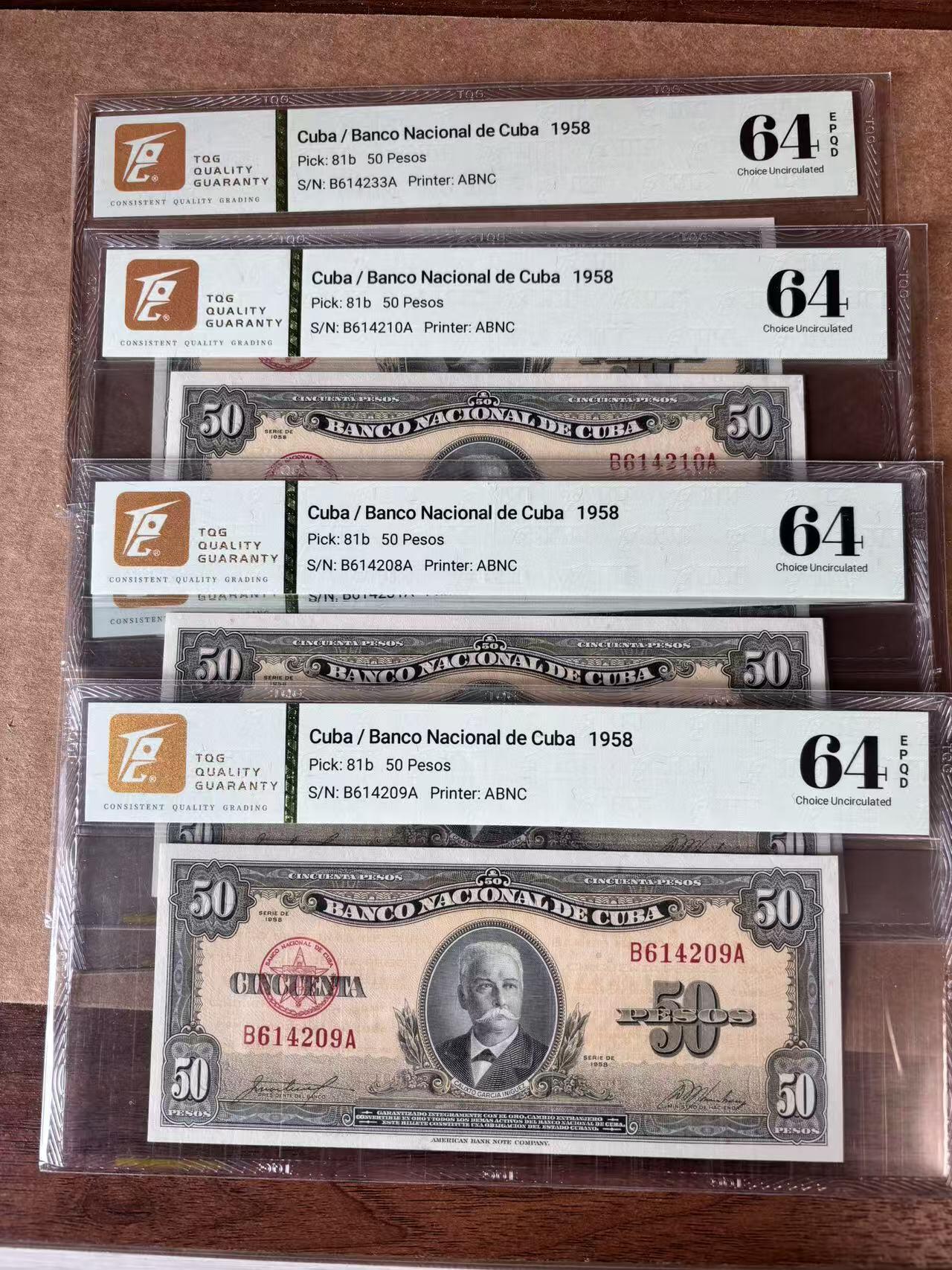 【Blue Auction】世界纸币精拍第762期——18级TOP拍卖/信誉/品质/专业/高效💫 【一组4张】古巴 1958年50比索 TQG64EPQ/64