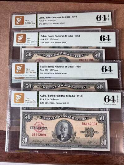 【Blue Auction】世界纸币精拍第762期——18级TOP拍卖/信誉/品质/专业/高效💫 - 【一组4张】古巴 1958年50比索 TQG64EPQ/64