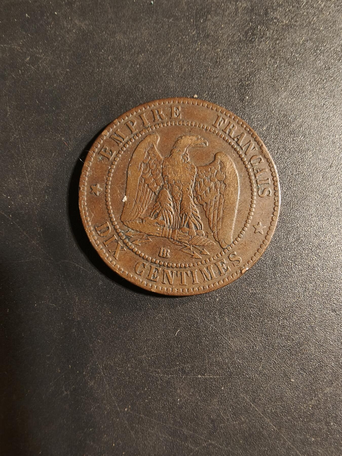 老王徽章第169期 法国拿破仑三世时期10生丁铜币     直径30mm.    重量10g