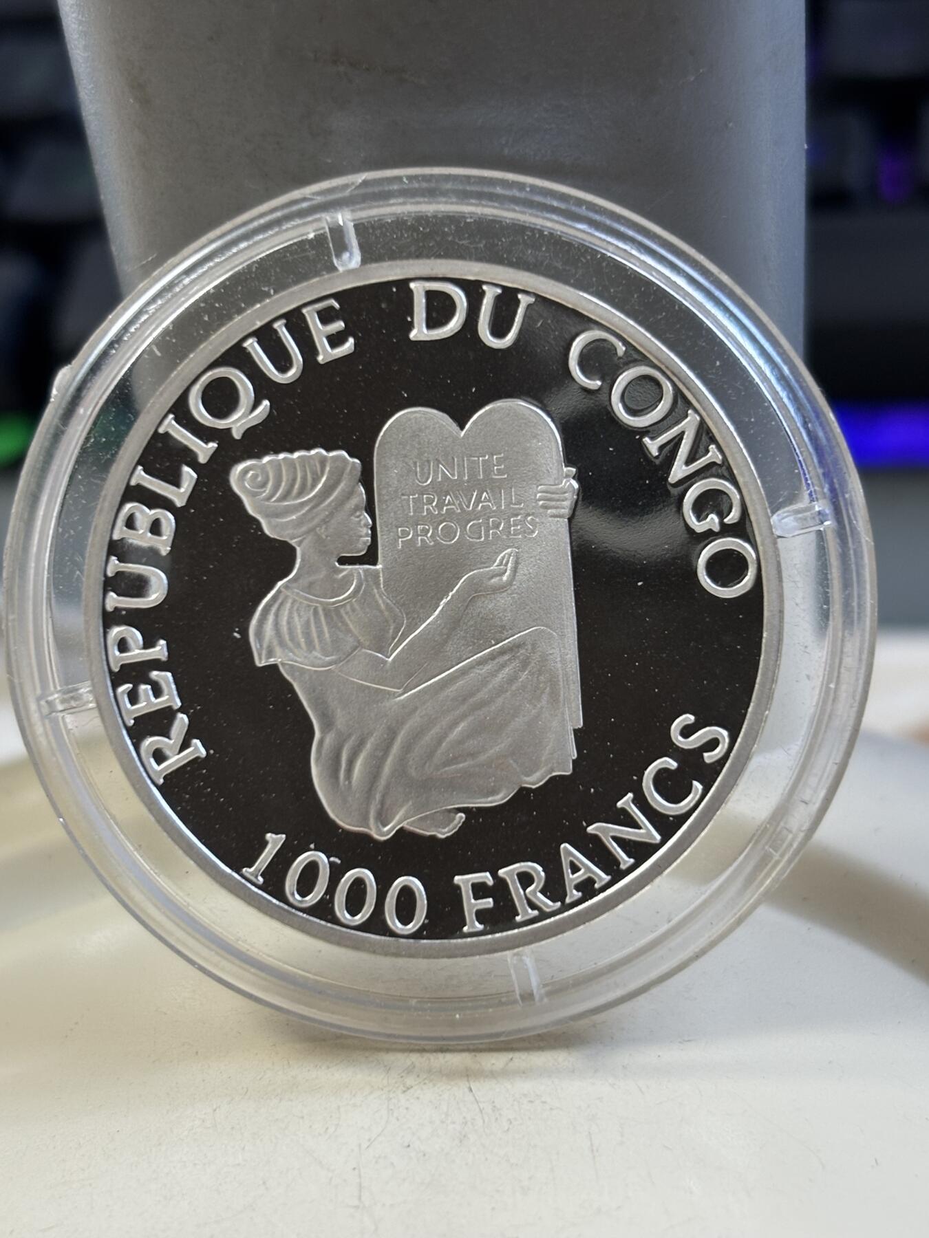 第185期拍卖 刚果2000年濒危珍稀动物鸟白鹤纪念银币，999银，15克，发行5000枚