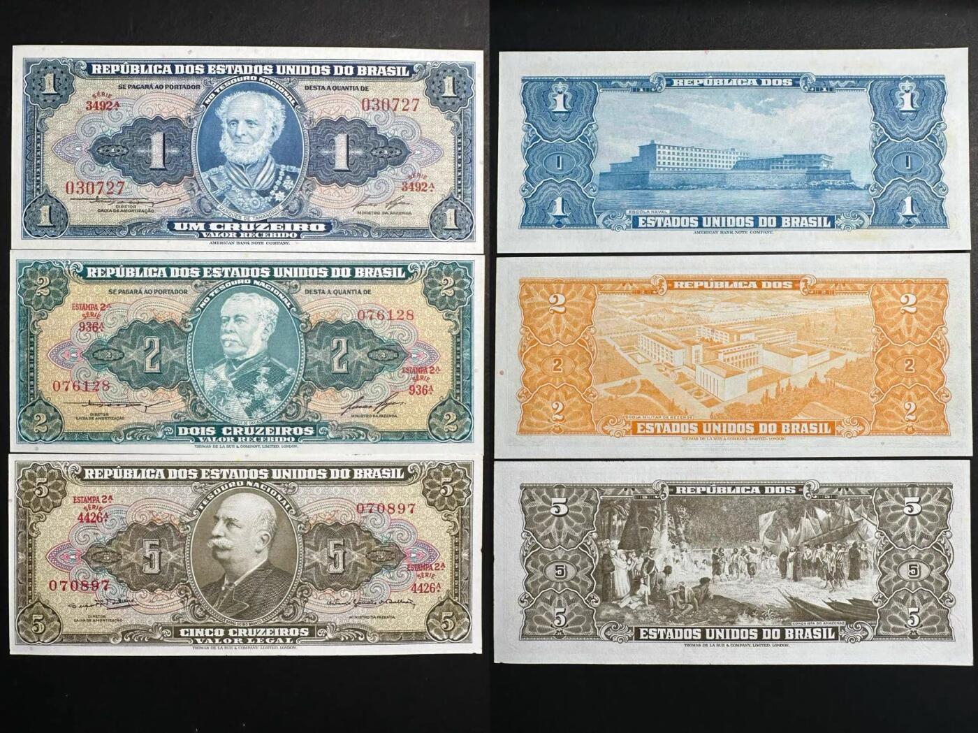 蒂克钱币-第51场 外国平价纸币最后一场 巴西50-60年代版1.2.5克鲁塞罗纸币全新UNC外国钱币