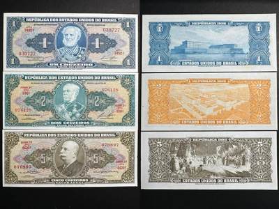 蒂克钱币-第51场 外国平价纸币最后一场 - 巴西50-60年代版1.2.5克鲁塞罗纸币全新UNC外国钱币
