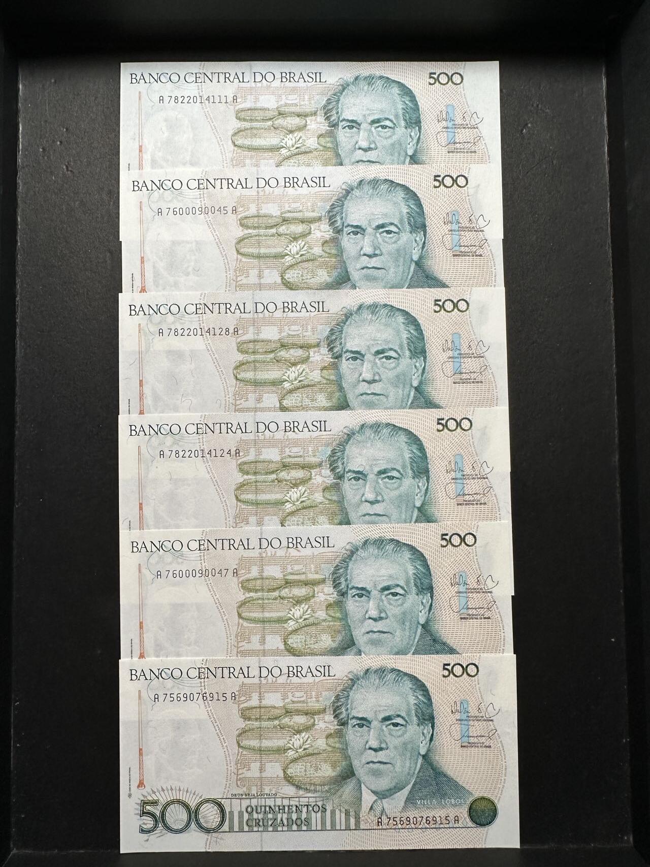 蒂克钱币-第51场 外国平价纸币最后一场 巴西 80年代 音乐家罗伯斯  500克鲁多纸币 6枚 全新UNC