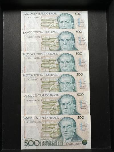 蒂克钱币-第51场 外国平价纸币最后一场 - 巴西 80年代 音乐家罗伯斯  500克鲁多纸币 6枚 全新UNC