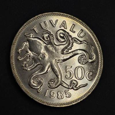 【淘币小摊】实时拍第八百二十六拍   散币场   满百包邮可预留二周 每周一统一发货   - 图瓦卢1985年八爪鱼50分镍币