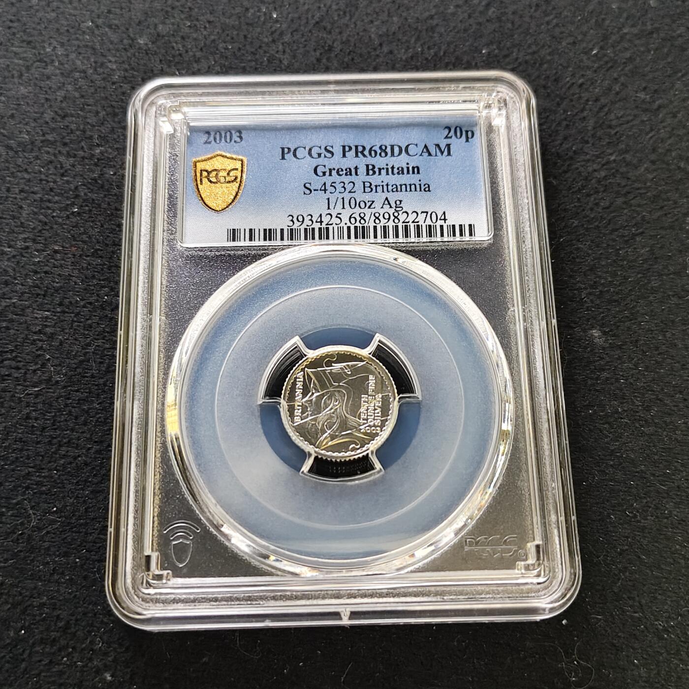 【全场包邮】纯粹捡漏拍487场（免费代拍第24场） 【收藏级·亚军分】英国2003年20便士不列颠尼亚女神1/10盎司精制银币-PCGS PR68 DCAM（更高分仅1枚）