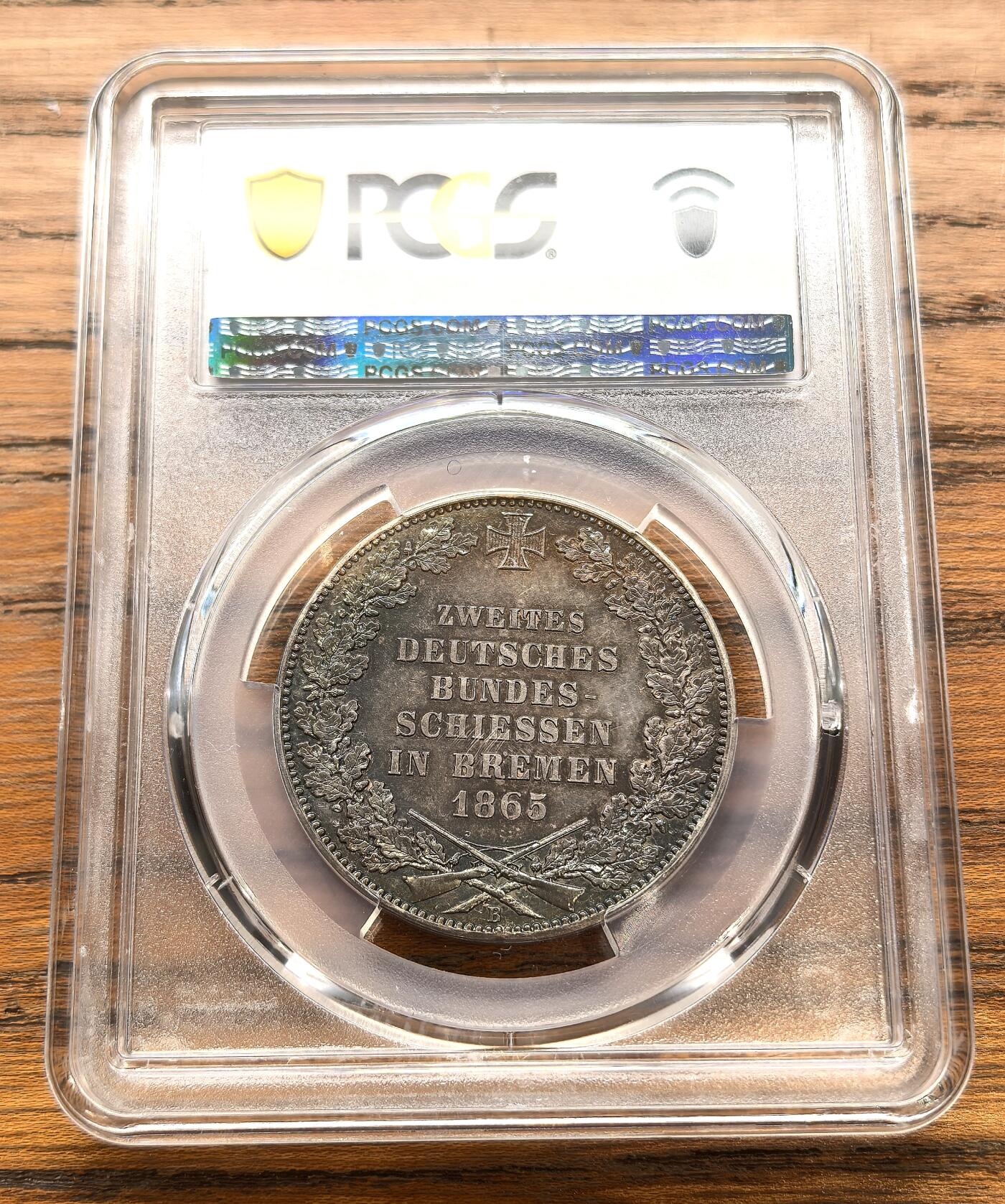 凡希社世界钱币微拍月度大拍（2025/12） 1865B德国不莱梅射击节纪念泰勒PCGS-MS62，蓝金彩，美不胜收！（视频参考）