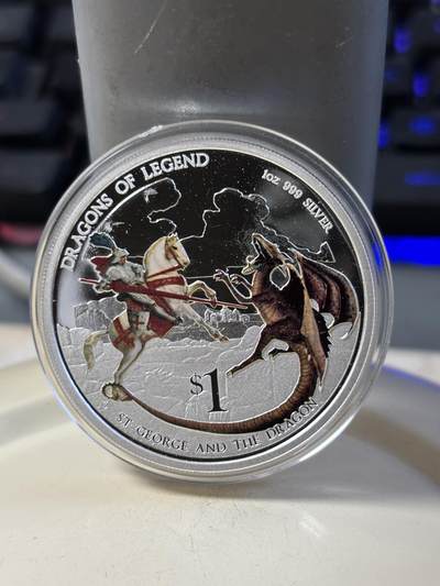 第185期拍卖 - 图瓦卢2012年龙的传说系列3圣乔治屠龙1盎司彩银币，999银，发行5000枚