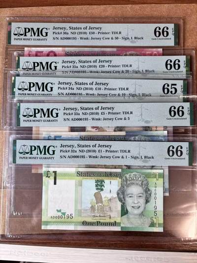 【Blue Auction】世界纸币精拍第762期——18级TOP拍卖/信誉/品质/专业/高效💫 - 【一组5张 首发冠 195小号全同套】泽西 2010年1-50镑 PMG66EPQ-65EPQ 女王