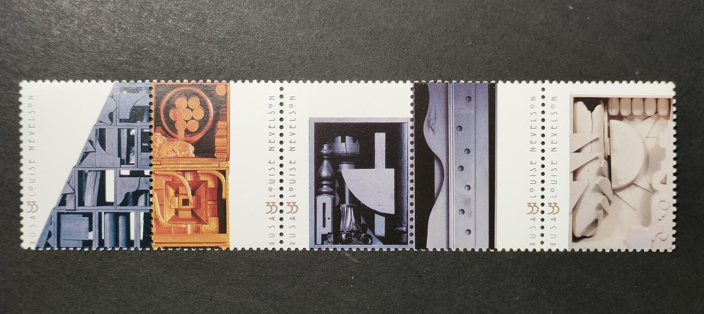 ↓君缘收藏679期☞钱币邮品↓无佣金、可寄存、满30元包邮  美国邮票，2000年20世纪美国著名装置艺术家,雕塑家路易丝·内韦尔森诞辰100周年作品邮票连票5全