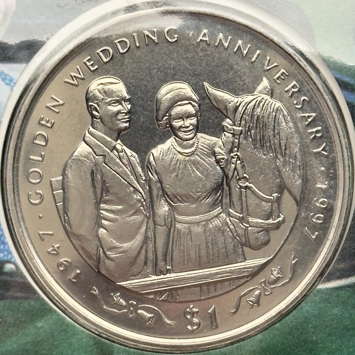 ＜小葵钱铺＞第67期·克朗币·银币场·满200包邮，不寄存·12月15日发货 〈邮币封〉利比里亚1997年金婚纪念日·皇家夫妇与马1元克朗型纪念币