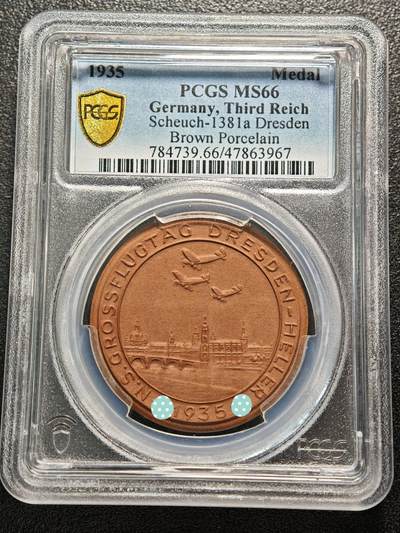 【德藏】世界币章拍卖第156期（拍品征集中~欢迎藏友联系） - 冠军分！1935年 德国德累斯顿帝国空军救援军演纪念陶瓷章 PCGS MS66 R稀少品种 发行量仅200枚以内！（原图请查询PCGS评级公司官网）