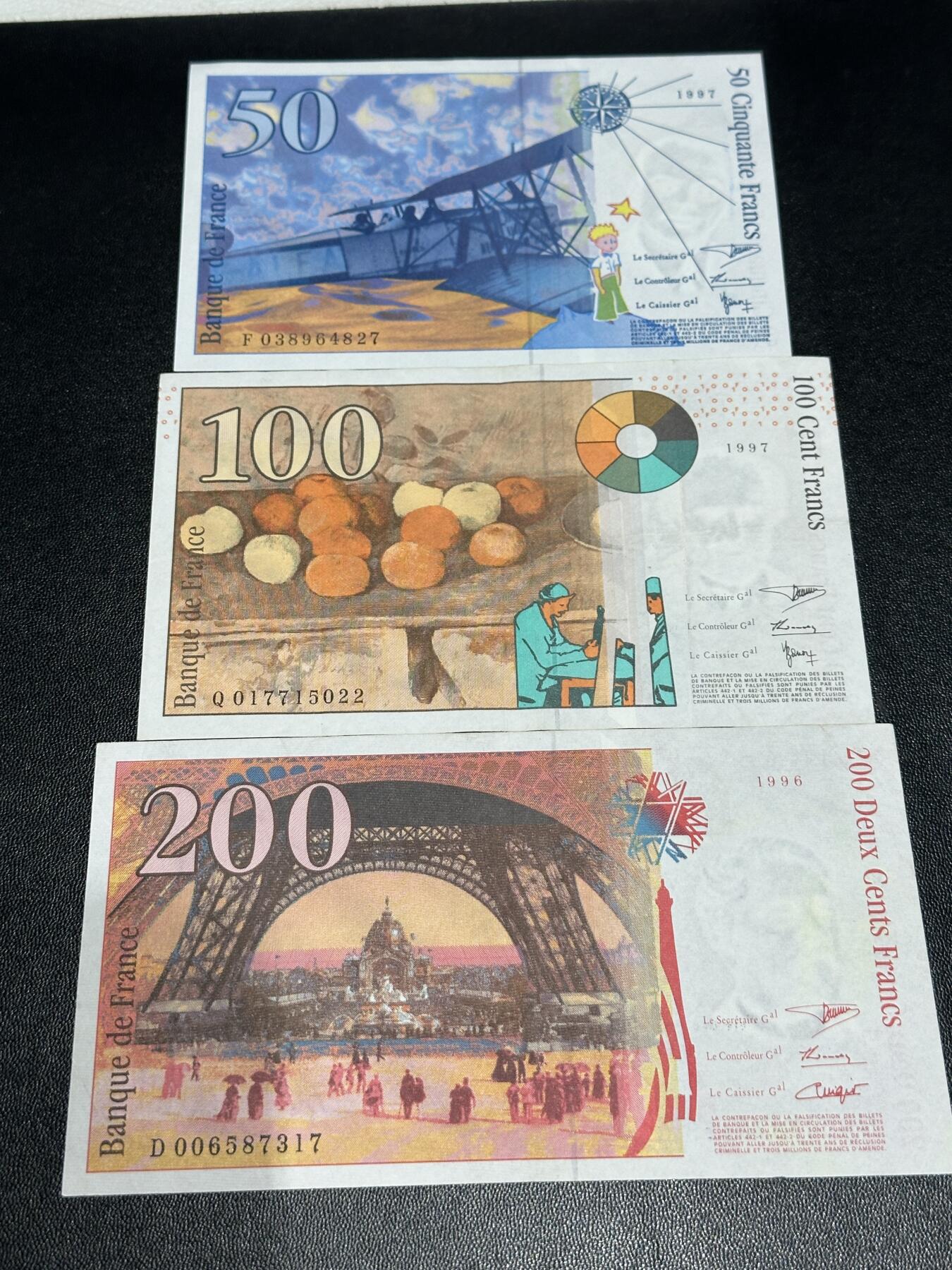 《外钞收藏家》第五百九十三期（精品场）（本平台长期征集拍品、欢迎藏友们联系合作） 法国末版50、100、200法郎 50法郎近全新 其他非全新