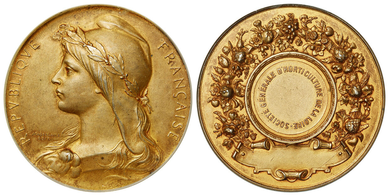 华艺国际2025年秋季拍卖会 钱币专场 19世纪法国卢瓦尔园艺协会玛丽安娜像银镀金纪念章一枚/NGC MS63