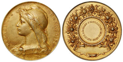 华艺国际2025年秋季拍卖会 钱币专场 - 19世纪法国卢瓦尔园艺协会玛丽安娜像银镀金纪念章一枚/NGC MS63