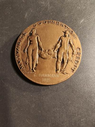 老王徽章第169期 - 法国农业部“互助、合作和信贷”大铜章    大师科尔宾作品    直径50mm.    重量77.5g