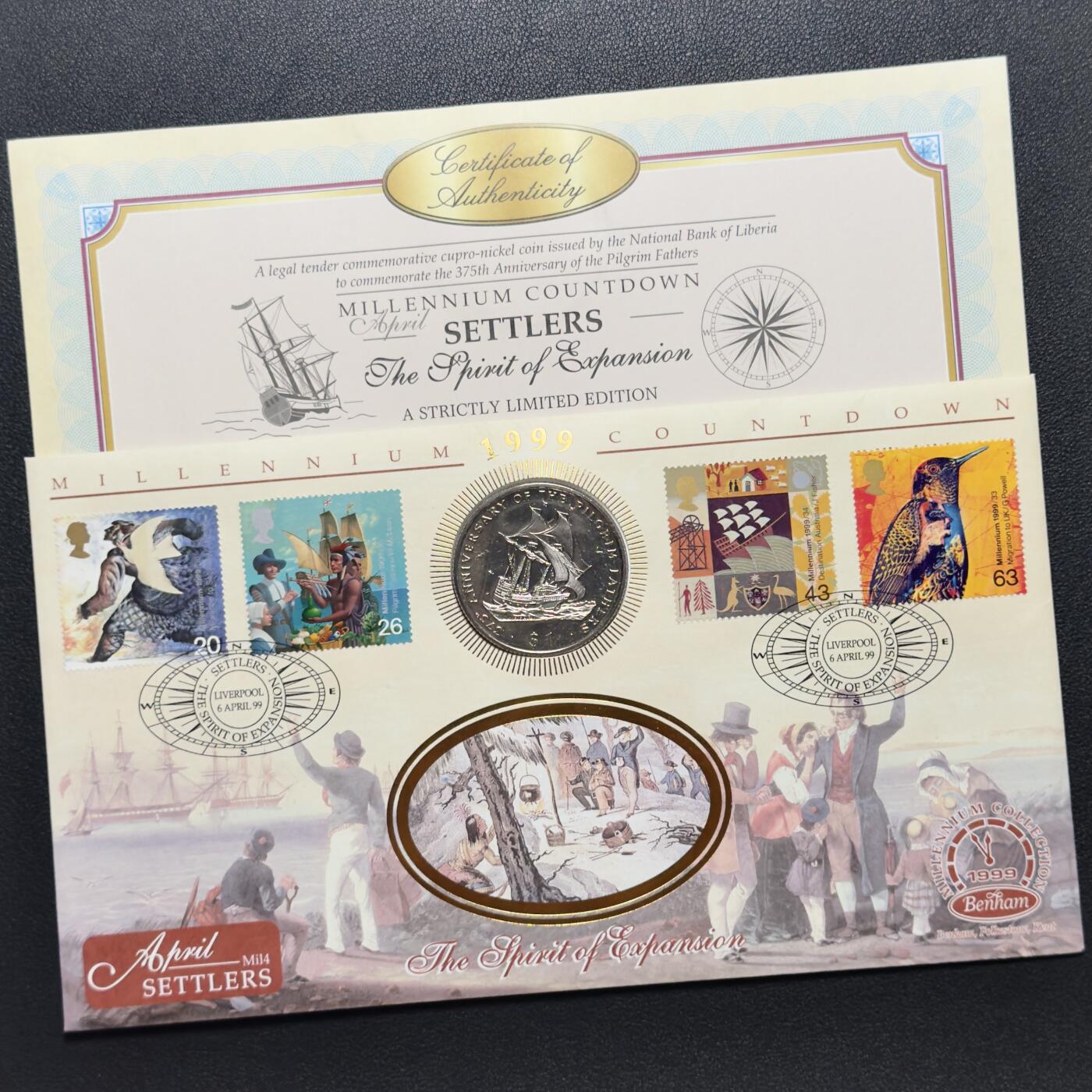 ＜小葵钱铺＞第67期·克朗币·银币场·满200包邮，不寄存·12月15日发货 〈邮币封〉利比里亚1995年清教徒先驱375周年·五月花号1元克朗型纪念币