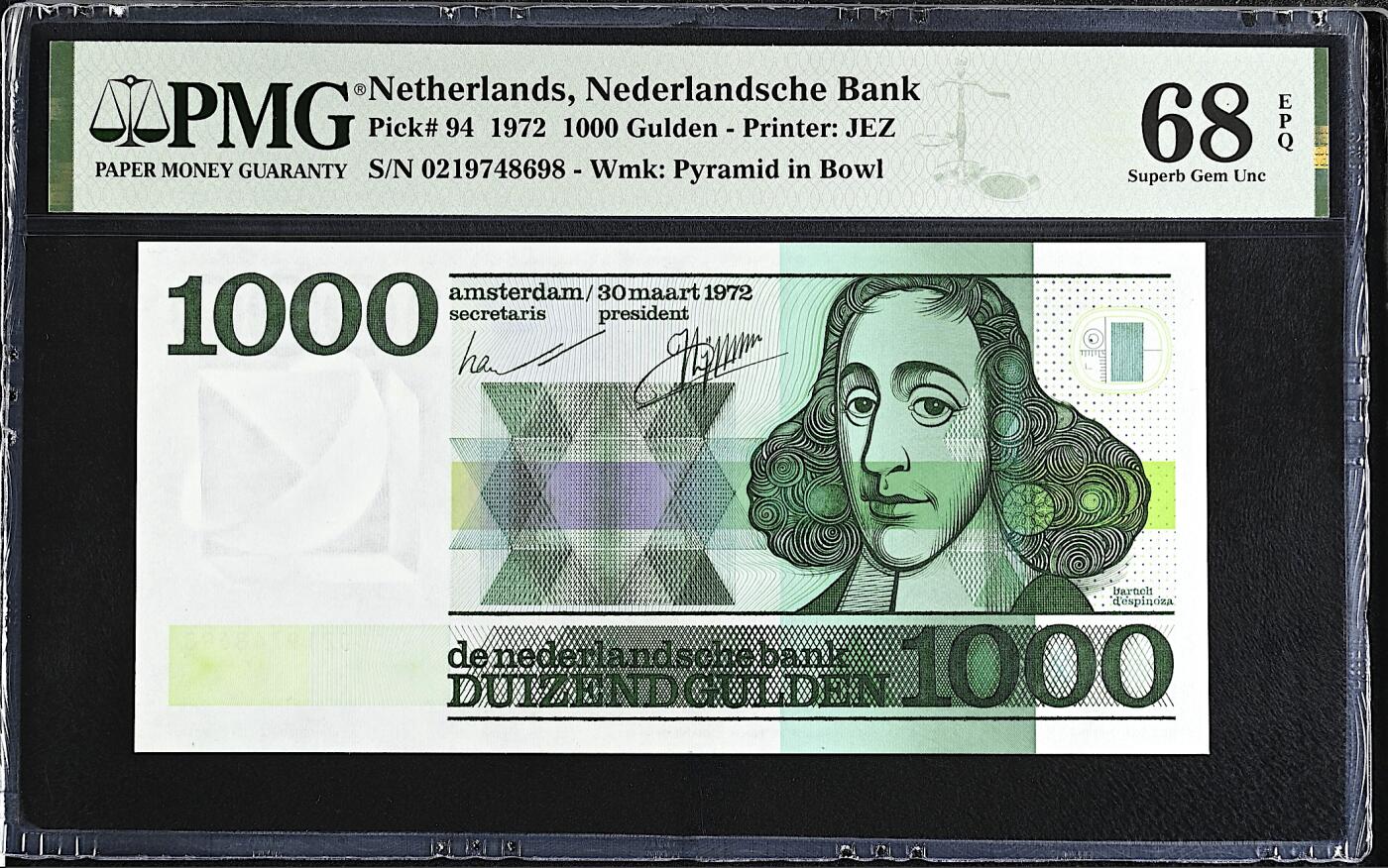 《艾美收藏》第224期-12.14周日外币超白金场 荷兰1000盾 PMG68E 1972年 人像版斯宾诺莎 超高分精品尾8