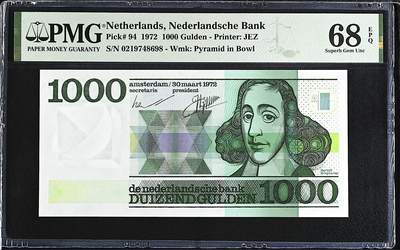 《艾美收藏》第224期-12.14周日外币超白金场 - 荷兰1000盾 PMG68E 1972年 人像版斯宾诺莎 超高分精品尾8