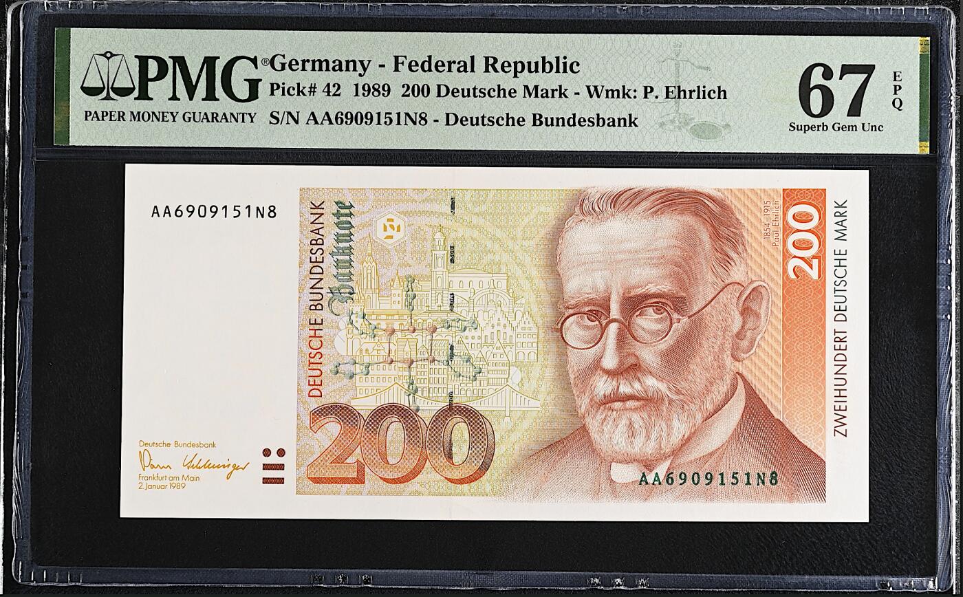 《艾美收藏》第224期-12.14周日外币超白金场 德国200马克 PMG67E 1989年 德国医学家埃尔利希 AA冠无347尾8