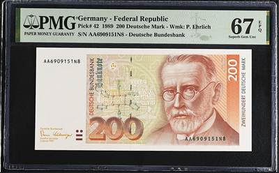 《艾美收藏》第224期-12.14周日外币超白金场 - 德国200马克 PMG67E 1989年 德国医学家埃尔利希 AA冠无347尾8