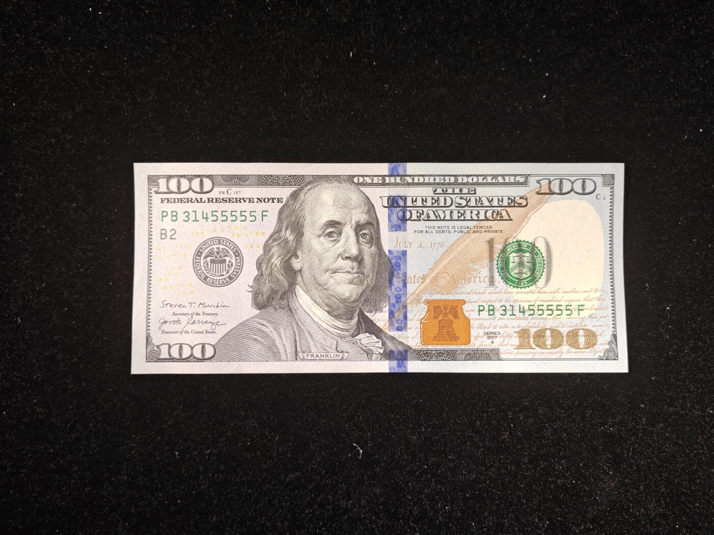 精品靓号 55555老虎号 美国 100美元 全新UNC