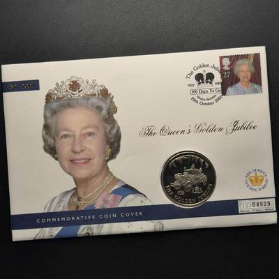 ＜小葵钱铺＞第67期·克朗币·银币场·满200包邮，不寄存·12月15日发货 - 〈邮币封〉福克兰群岛2002年女王金禧纪念·加冕马车（标有100天特殊标记）50便士克朗型纪念币