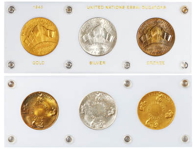 华艺国际2025年秋季拍卖会 钱币专场 - 1946年第一届联合国统一国际铸币纪念金、银、铜样章一套三枚/完全未使用品