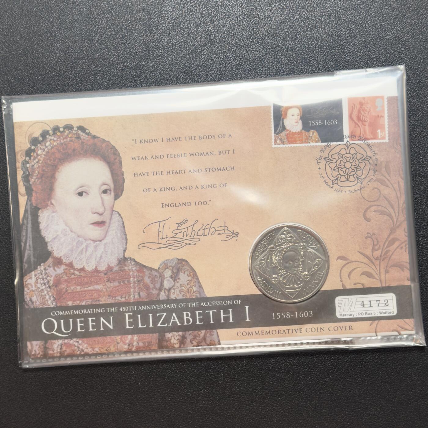 ＜小葵钱铺＞第67期·克朗币·银币场·满200包邮，不寄存·12月15日发货 〈邮币封〉英国2008年伊丽莎白一世女王登基450周年5镑克朗型纪念币