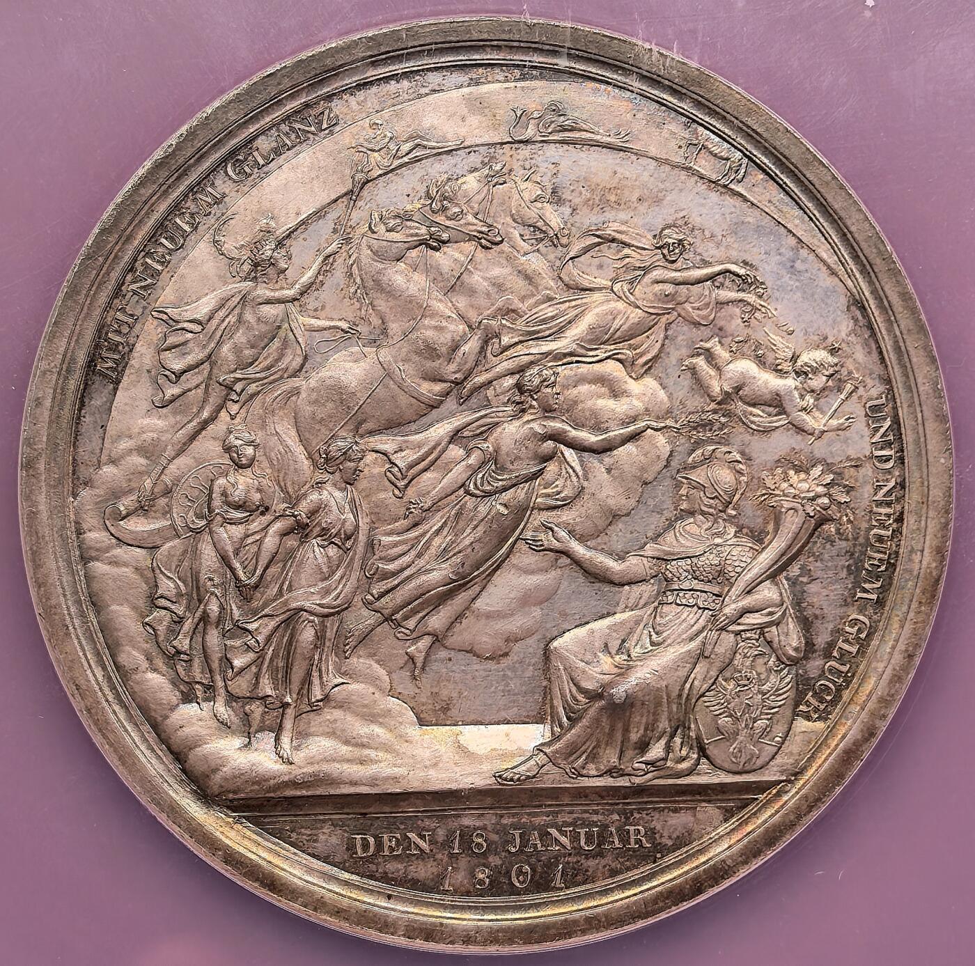 凡希社世界钱币微拍月度大拍（2025/12） 1801德国普鲁士王国百年纪念大银章NGC-MS63，历史名章，正面的五代普鲁士国王雕刻极为生动传神，背面的神话场景繁复精美，堪称同类题材中的翘楚！