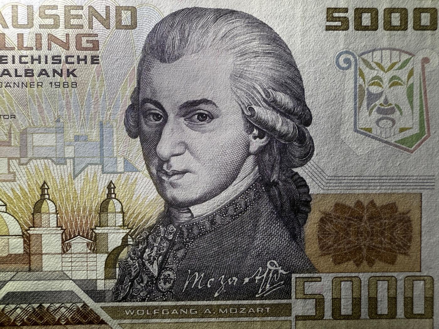 《艾美收藏》第224期-12.14周日外币超白金场 奥地利5000先令 UNC 1988年 奥地利作曲家莫扎特 原票好品 世界第一张全息膜纸币
