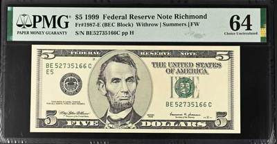 《外钞收藏家》第五百九十三期（精品场）（本平台长期征集拍品、欢迎藏友们联系合作） - 1999年 5美元 大头版首发年份 号码无4 双尾66