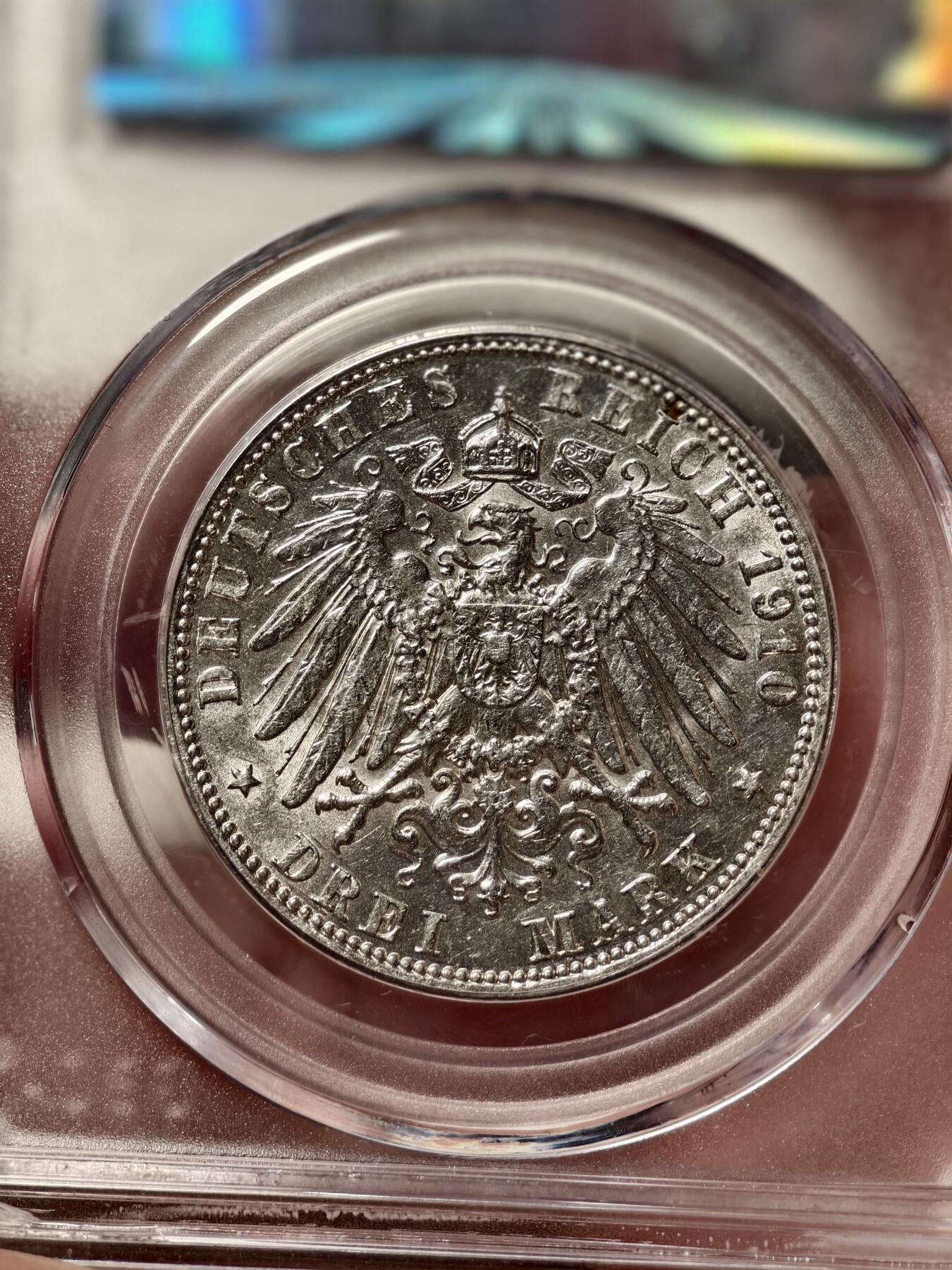 抚柳草堂-首期章牌钱币 限时免佣 满百包邮 放漏专场 1910德国普鲁士威廉二世3马克银币 未流通状态公博ms61