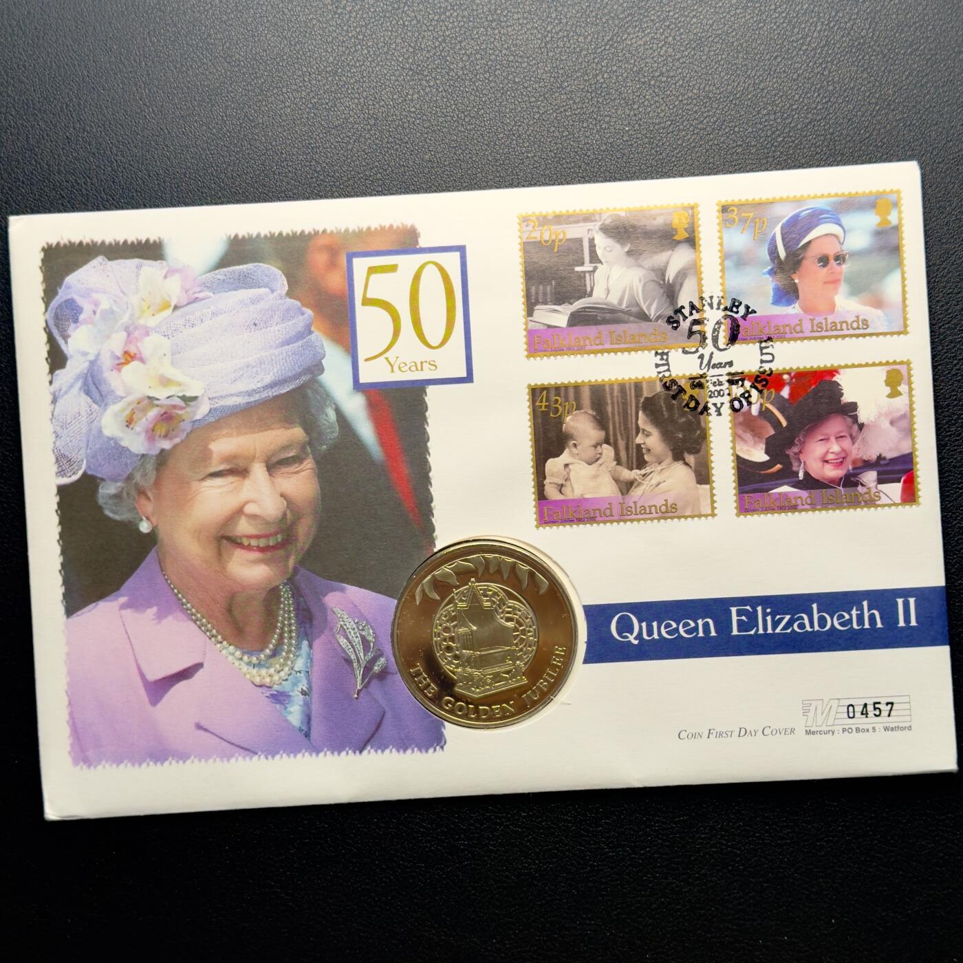 ＜小葵钱铺＞第67期·克朗币·银币场·满200包邮，不寄存·12月15日发货 〈邮币封〉福克兰群岛2002年女王金禧纪念·王座50便士克朗型纪念币