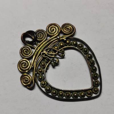 杂件专场89期 - 民国时期心形铜鎏金吊坠，掐丝珠非常精美