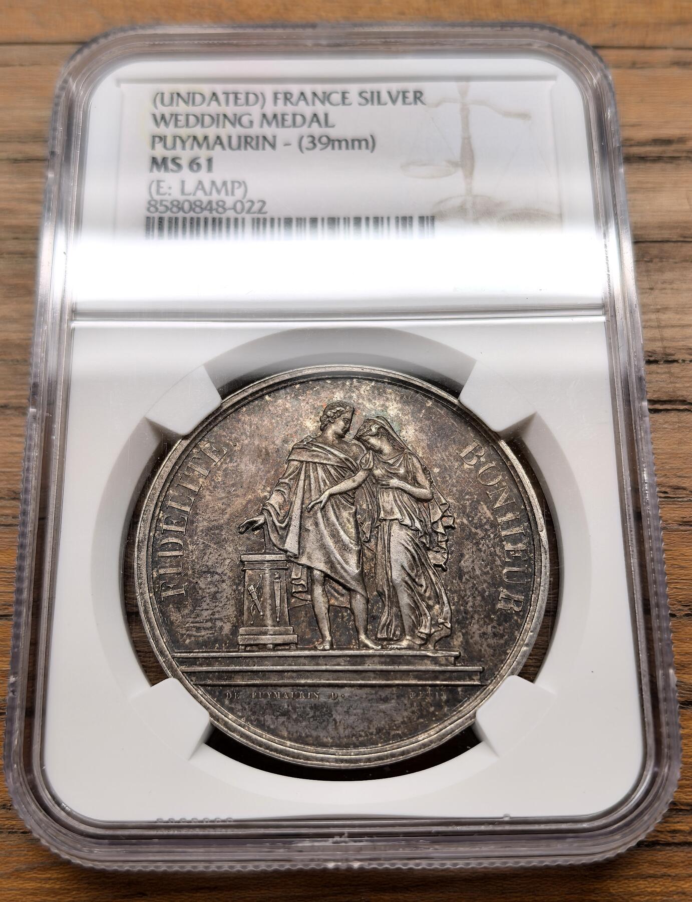 凡希社世界钱币微拍月度大拍（2025/12） 十九世纪法国结婚纪念银章NGC-MS61，Lavy作品。