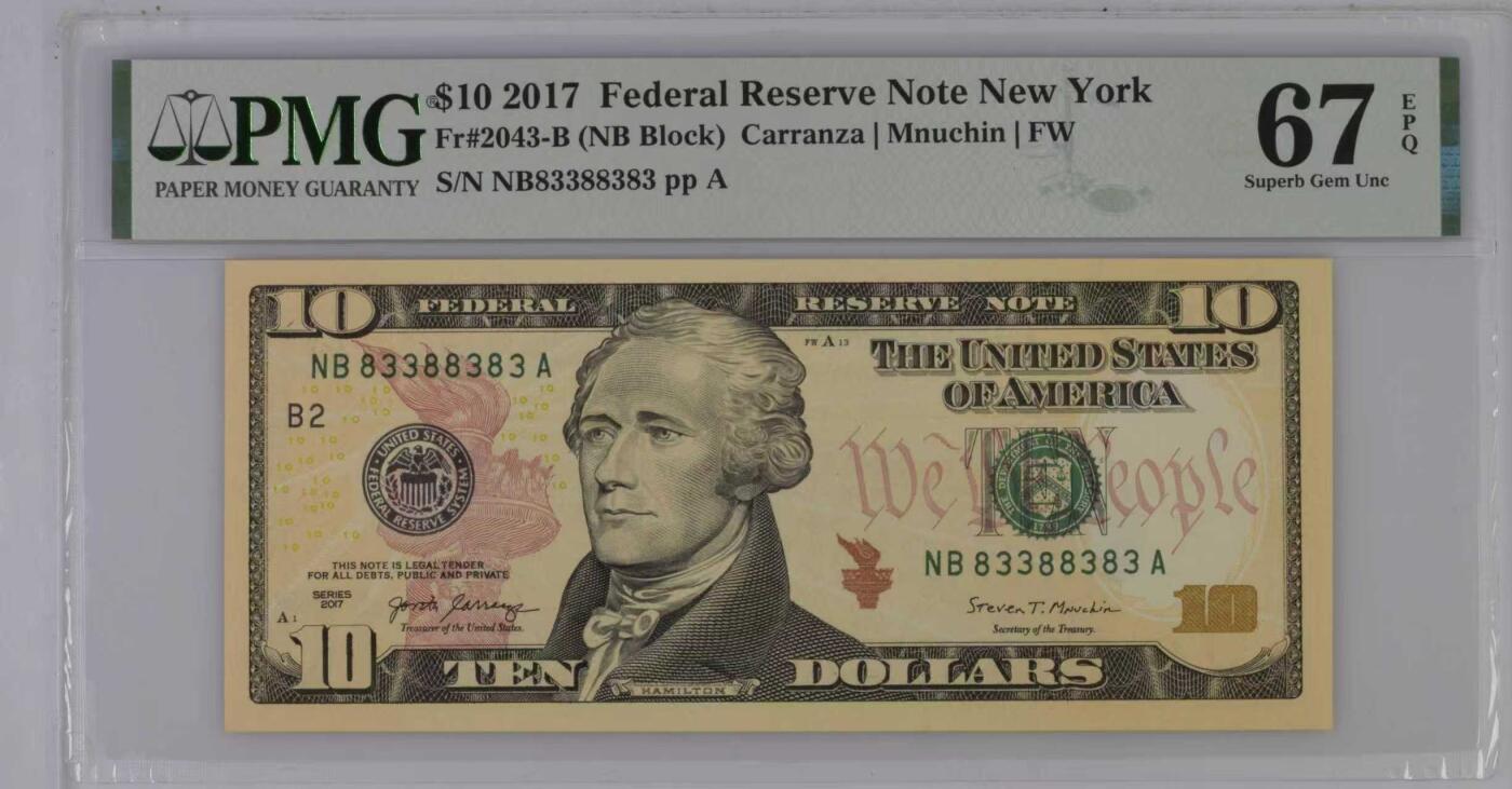 《外钞收藏家》第五百九十三期（精品场）（本平台长期征集拍品、欢迎藏友们联系合作） 2017年 10美元 彩色版 数二38 NBA冠号 PMG67EPQ