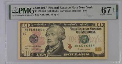 《外钞收藏家》第五百九十三期（精品场）（本平台长期征集拍品、欢迎藏友们联系合作） - 2017年 10美元 彩色版 数二38 NBA冠号 PMG67EPQ