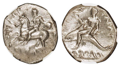 华艺国际2025年秋季拍卖会 钱币专场 - 公元前302-280年古希腊塔拉斯城邦海豚少年银币一枚/NGC AU